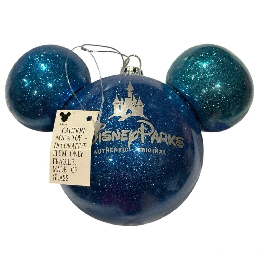 RARE Disney Parks Mickey‎ Icon Ears Glittery Glitter Glass Ball Blue Ornament